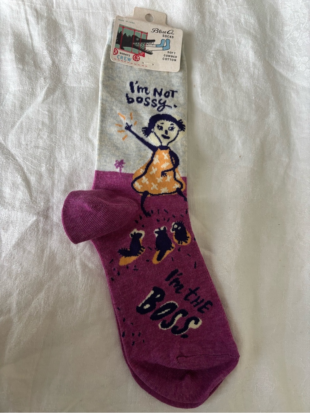 Blue Q Magenta and White 'I'm the Boss' Crew Socks